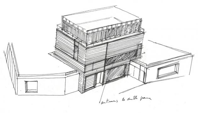 Croquis du principe de la tour, vue de la rue Gustave Flaubert. 